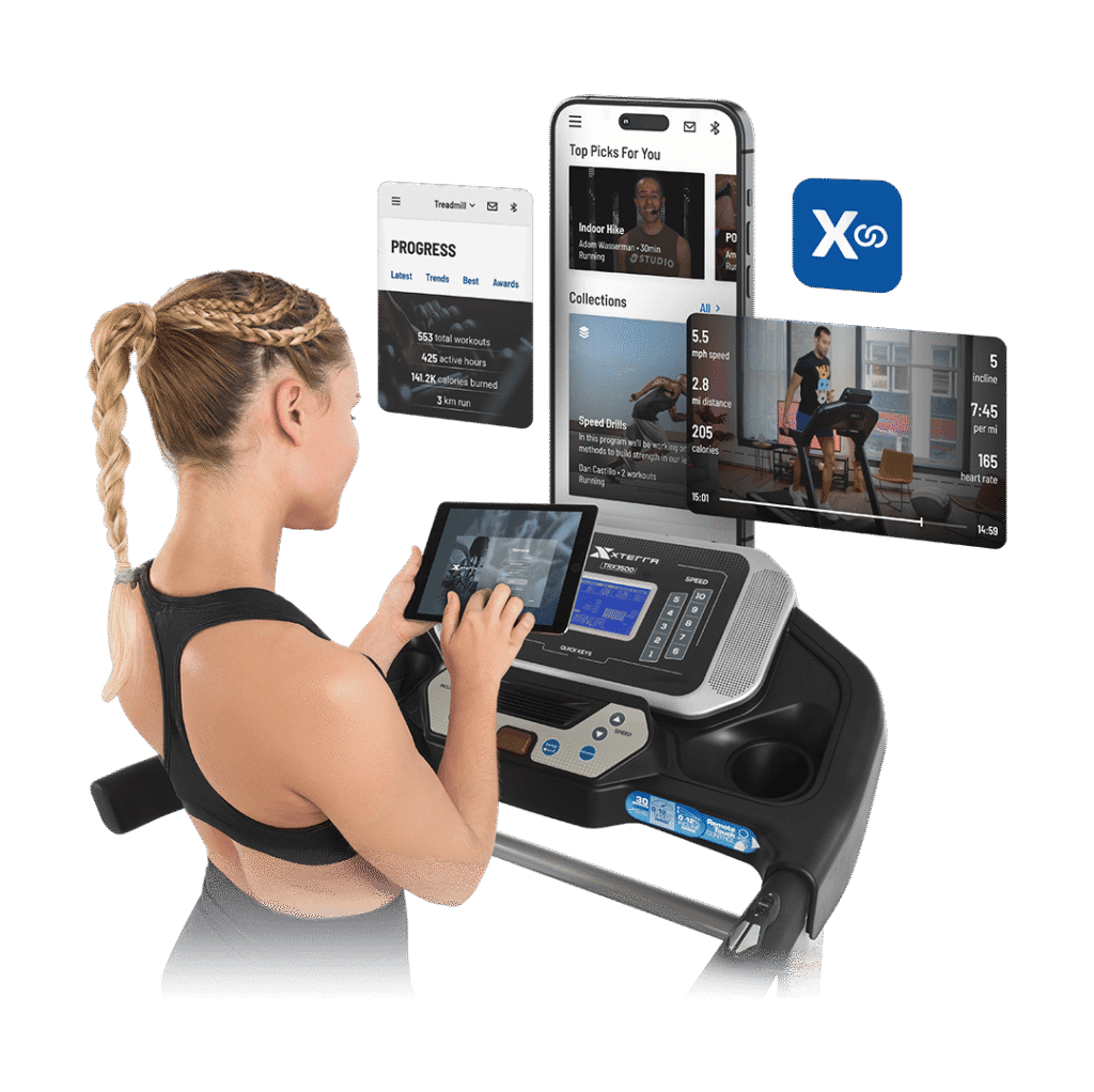 XF Connect woman using a device to interact with XF Connect App and her treadmill